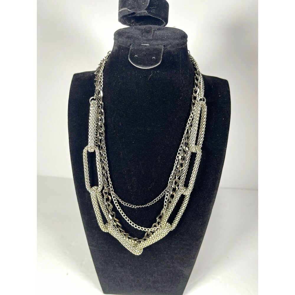 Layered Multi-Strand Curb Chain Necklace Silver & Black Tone Adjustable 24"